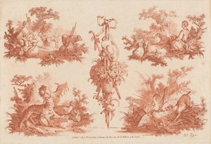 Dwie winiety pasterskie, dwie winiety myśliwskie i trofeum autorstwa the Elder and Jean Baptiste Hüet Gilles Demarteau