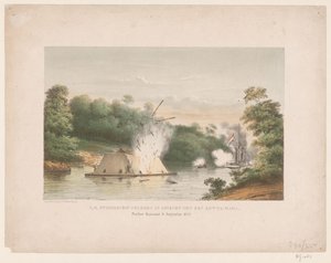 Z.M. Steamship Celebes w walce z kotta-marą. Poeloe Kanamit, 6 sierpnia 1859 (tytuł na obiekcie) autorstwa weduwe Elias Spanier and Zn