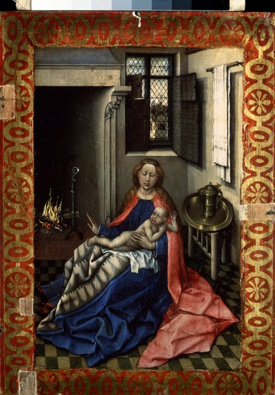 „Madonna z Dzieciątkiem przy kominku” (Matka Boska z Dzieciątkiem przy kominku) Prawa szyba dyptyku. Obraz na drewnie Roberta Campina, znanego jako Mistrz Flemalle (1375-1444) ok. 1430 Wymiary 34,3x24,5 cm Ermitaż, Sankt Petersburg autorstwa Master of Flémalle