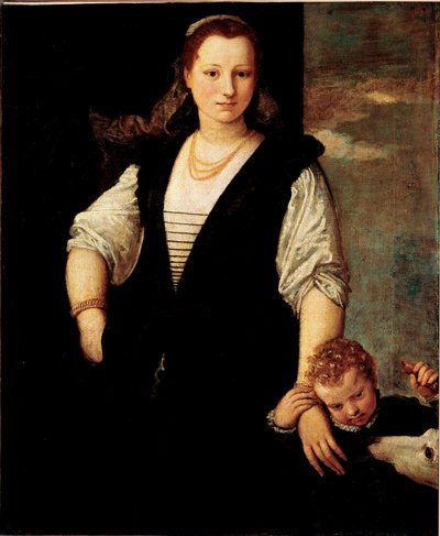 Portret kobiety z dzieckiem i psem (dzieci Francesco Bevilacqua?) Obraz Paolo Veronese Caliari (1528-1588) XVI-wieczne nd. 115x95 cm Paryż, Muzeum Luwru autorstwa Veronese
