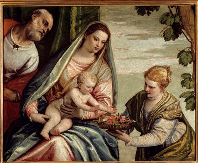 Święta Rodzina z darczyńcą (św. Dorothee) Obraz Paolo Veronese (1528-1588) XVI-wieczne słońce. 0,76x0,94 m Bordeaux, Musee des Beaux Arts - Święta Rodzina z darczyńcą (św. Dorothea). Obraz Veronese (Paolo Caliari) (1528-1588) autorstwa Veronese