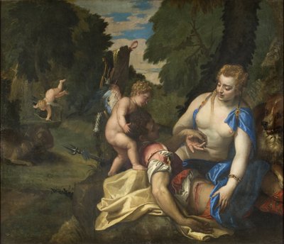 Wenus pleurant Adonis - Wenus opłakujący Adonis, autorstwa Veronese, Paolo (1528-1588). Olej na płótnie. Wymiar : 145x173,5 cm. Muzeum Narodowe w Sztokholmie autorstwa Veronese