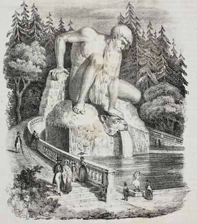 Kolos z Apeninów (by Giambologna) w parku Villa Demidoff (Villa Medicea Pratolino), Vaglia, Toskania, Włochy, litografia Giovanniego Mariani z Poliorama Pittoresco, nr 10, 15 października autorstwa Giambologna