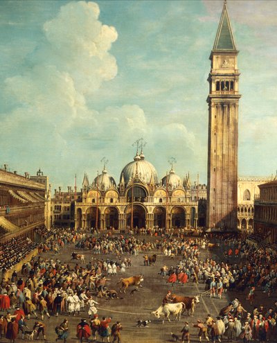 Walka byków lub polowanie na byki na Piazza San Marco, autorstwa Giovanniego Antonio Canal, znanego jako Canaletto (1697-1768) i Giovanniego Battisty Cimaroli (1687-po 1753), olej na płótnie, 99x145 cm autorstwa Canaletto
