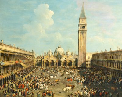 Walka byków lub polowanie na byki na Piazza San Marco, Giovanni Antonio Canal (1697-1768) i Giovanni Battista Cimaroli (1687-po 1753), olej na płótnie, 99x145 cm autorstwa Canaletto