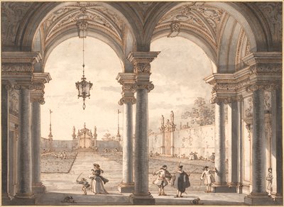 „Widok na barokową kolumnadę wychodzącą na ogród” (Widok przez barokową kolumnadę na ogród) Rysunek piórkiem Antonio Canal dit Canaletto (1697-1768) 1760-1768 Wymiary 33,1x45,4 cm Albertina , Wiedeń autorstwa Canaletto
