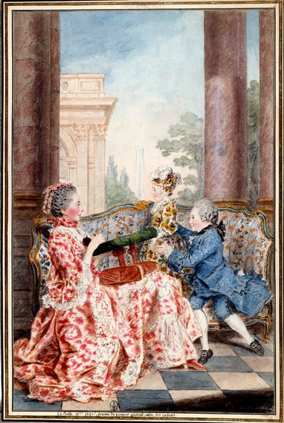 La belle Madame Caze, żona generała rolników i jej dzieci Akwarela autorstwa Louisa Carrogisa (1717-1806) dit Carmontelle. XVIII w. niedz. 0,32x0,21 m Chantilly, musee conde autorstwa Carmontelle