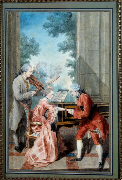 Mademoiselle Delou, Monsieur Philippe i Monsieur de Texier Dżentelmen składa hołd młodemu pianiście. Akwarela Louisa Carrogisa, dit Carmontelle (1717-1806) XVIII-wieczny Paryż, Musee Carnavalet - Mademoiselle Delou, Monsieur Philippe i Monsieur d autorstwa Carmontelle