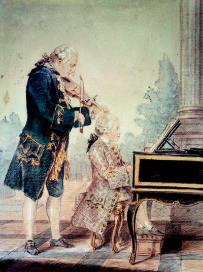 Wolfgang Amadeus Mozart (1756-1791) dziecko grające na fortepianie ze swoim ojcem Leopoldem”” Akwarela Louisa Carrogisa Carmontelle (1717-1806) 1777 Paryż, Musee Carnavalet autorstwa Carmontelle