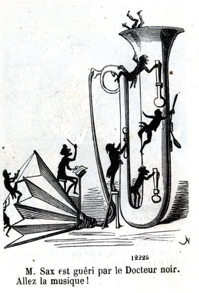 Pan Sax zostaje zraniony przez czarnego lekarza. (Adolphe (Adolph) Sax, wynalazca saksofonu (1814-1894). autorstwa Nadar