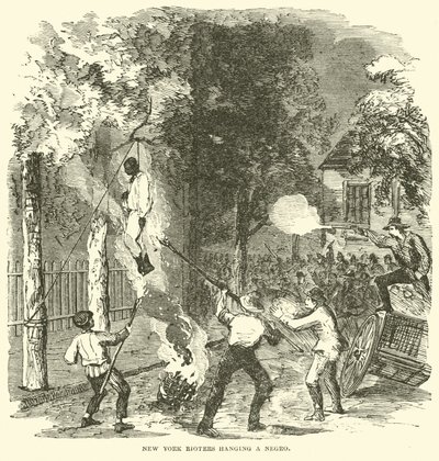 Nowojorscy uczestnicy zamieszek wieszają czarnoskórego, lipiec 1863 (rycina) autorstwa (after) American School