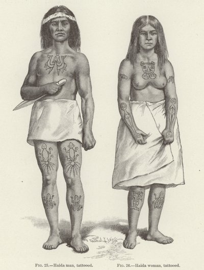 Wytatuowana kobieta i mężczyzna Haida (grawerunek) autorstwa (after) American School