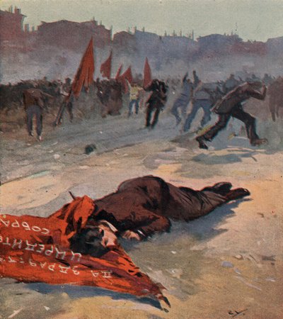 Zabicie działacza Partii Socjalistyczno-Rewolucyjnej o imieniu Gorbaczewskaja przez bolszewicką Czerwoną Gwardię podczas demonstracji, Piotrogród, Rosja autorstwa (after) Carrey