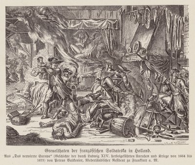 Okrucieństwa popełnione przez wojska francuskie w Holandii podczas wojny francusko-holenderskiej (rycina) autorstwa (after) Dutch School