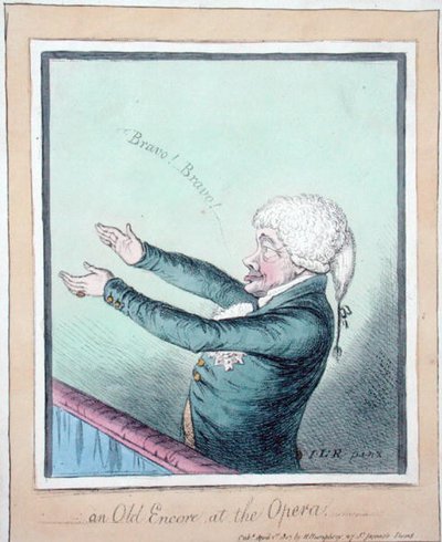 An Old Encore at the Opera! akwaforta autorstwa Jamesa Gillraya (1756-1815) wydana przez Hannah Humphrey w 1803 roku (akwaforta ręcznie kolorowana) autorstwa (after) English School