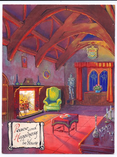 Oryginalna grafika na kartkę świąteczną przedstawiającą płonący ogień w sali magnackiej, ok. 1953 r. autorstwa (after) English School