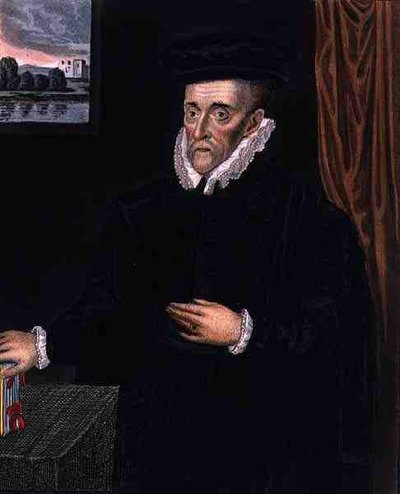 Portret Sir Waltera Mildmaya (1520?-1589), założyciela Emmanuel College w Cambridge, z „Historii Cambridge”, wydanej przez R. Ackermanna autorstwa (after) English School
