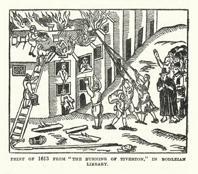 Odbitka z 1613 r. przedstawiająca "Spalenie Tiverton" w Bodleian Library (litografia) autorstwa (after) English School