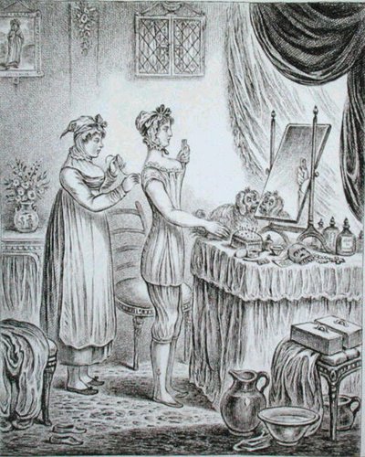 Progress of the Toilet: the Stays, akwaforta autorstwa Jamesa Gillraya (1757-1815) opublikowana przez Hannah Humphrey w 1810 roku (akwaforta) autorstwa (after) English School