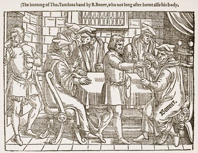 Spalenie Tho. Ręka Tomkinsa autorstwa B. Bonera, który niedługo potem spalił również jego ciało, ilustracja z „The Church of England: A History for the People” autorstwa H.D.M. Spence-Jones, wyd. ok. 1910 (lito) (zdjęcie w sepii) autorstwa (after) English School