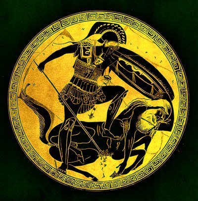 Wojownik i centaur, ilustracja z „Greek Vase Paintings” autorstwa JE Harrisona i DS MacColla, opublikowana w 1894 r. (obraz ulepszony cyfrowo) autorstwa (after) English School