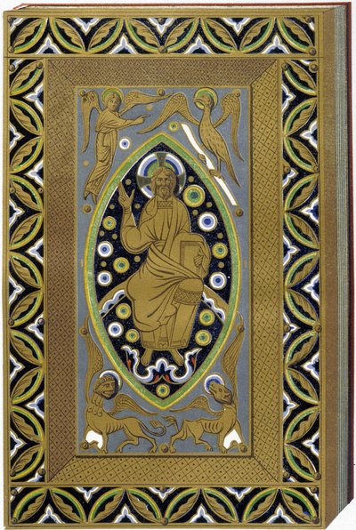 Chrystus w Mandorli z symbolami 4 ewangelistów (tetramorf). Litografia przedstawiająca emaliowaną oprawę z XIII wieku. autorstwa (after) French School