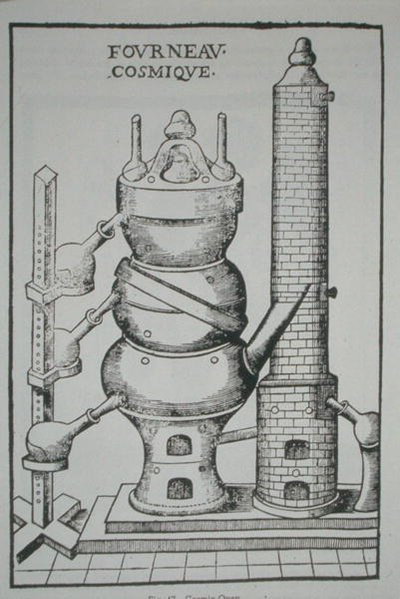 Kosmiczny Piec, z „La Theotechnie Ergocosmique” Annibala Barleta (1653) zilustrowany w historii magii opublikowanej pod koniec XIX wieku (lito) autorstwa (after) French School