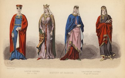 Moda we Francji: Stroje kapetyńskie 1100-1364; Stroje karolińskie IX i X wiek (kolorowa rycina) autorstwa (after) French School