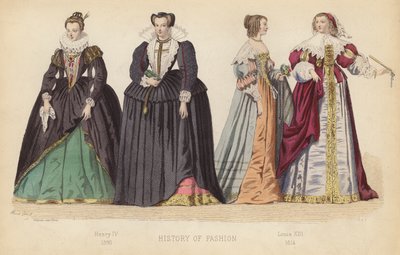Moda we Francji: Henryk IV 1590; Ludwik XIII 1614 (kolorowa rycina) autorstwa (after) French School