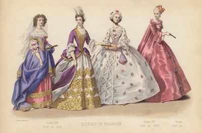 Moda we Francji: Ludwik XIV 1668 do 1694; Ludwik XV 1720 do 1760; Ludwik 1720 do (kolorowana rycina) autorstwa (after) French School