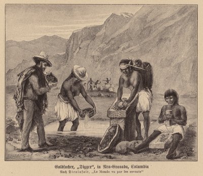 Poszukiwacze złota, Nowa Granada, Kolumbia (litografia) autorstwa (after) French School