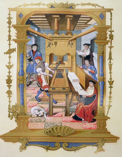 Wnętrze drukarni z XVI wieku, kopia miniatury z „Chants royaux sur la Conception Couronnee du Puy de Rouen” (kolor litho) autorstwa (after) French School