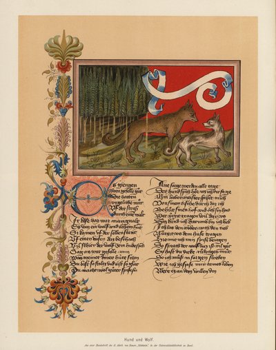 Pies i wilk (kolorowa litografia) autorstwa (after) German School