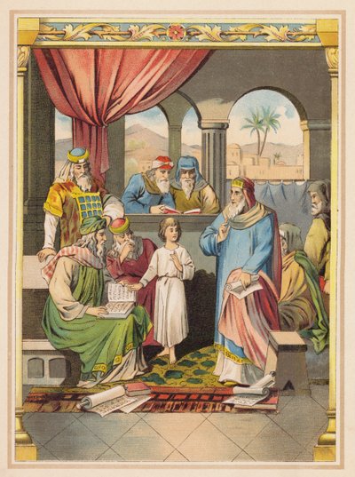 Jezus ze starszymi w świątyni (kolorowa litografia) autorstwa (after) German School