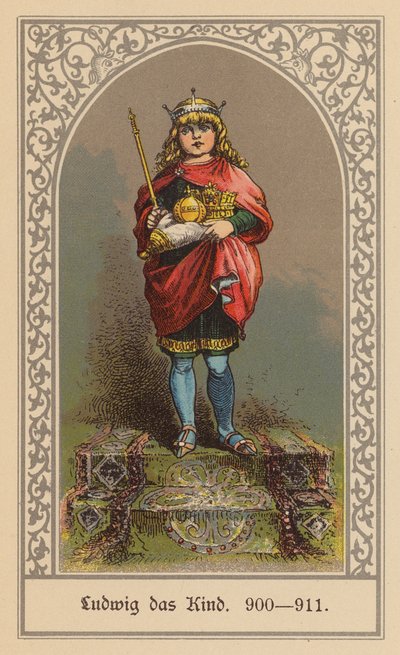 Ludwik z Dzieciątkiem, król wschodniej Francji (kolorowa litografia) autorstwa (after) German School