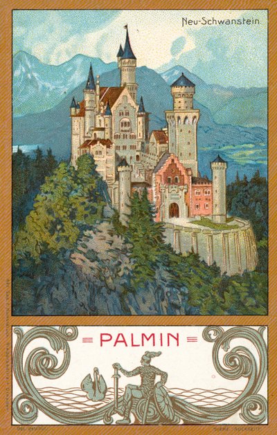 Zamek Neuschwanstein, Bawaria (chromolitho) autorstwa (after) German School