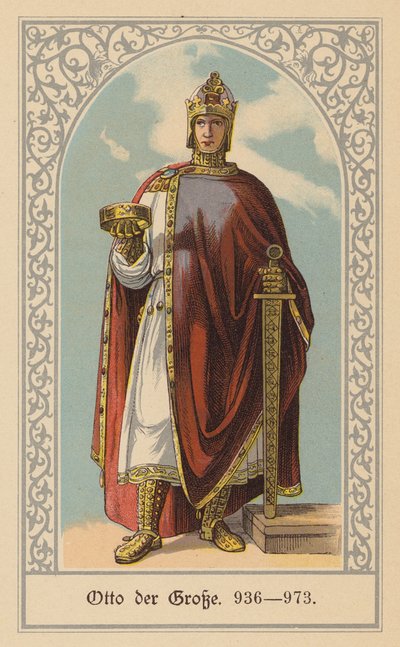 Otton Wielki, król Niemiec i Włoch oraz Święty Cesarz Rzymski (kolorowa litografia) autorstwa (after) German School