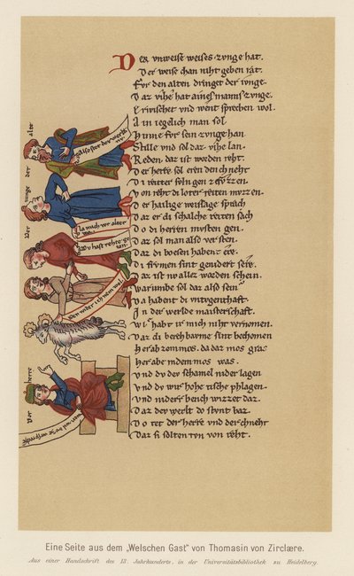 Strona z Der Waelsche Gast, autorstwa Thomasin von Zirclaere (kolorowa litografia) autorstwa (after) German School