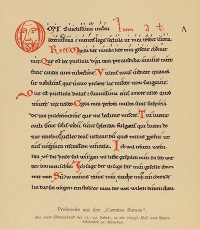 Strona z Carmina Burana (kolorowa litografia) autorstwa (after) German School
