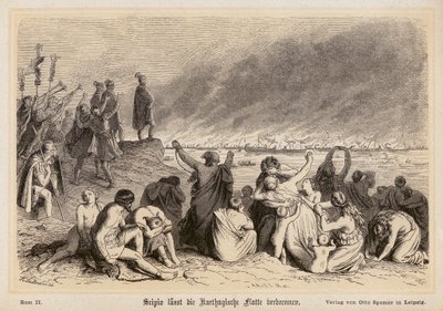 Scypion Afrykański palący flotę Kartaginy (rycina) autorstwa (after) German School