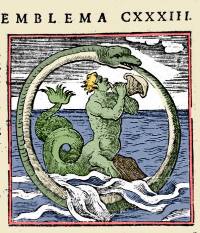 Tryton i uroboros, ilustracja „Symbole” (Emblemy z książeczki) autorstwa Andrei Alciati (kolor litho) autorstwa (after) Italian School