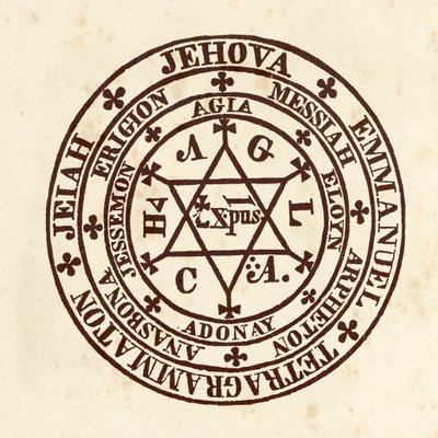 Nauki okultystyczne: magiczny krąg. Schemat z „De Occulta Philosophia” niemieckiego uczonego okultyzmu Henry’ego Corneliusa Agrippy z Nettesheim (1486-1535) (znanego jako Cornelius Agrippa lub Agrippa z Nettesheim) autorstwa (after) Italian School