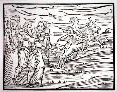 Czarownica dosiadająca diabolicznego kozła, kopia ilustracji z „Kompendium Maleficarum” pana F. Guaccius, Mediolan 1608, wykorzystana w „Historii magii”, wydanej pod koniec XIX wieku (drzewryt) autorstwa (after) Italian School