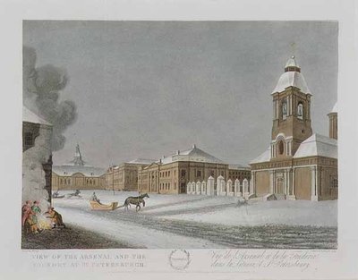 Widok Arsenału i Odlewni w Sankt Petersburgu, ilustracja na grudzień z „Roku w Sankt Petersburgu” sztychowana przez Johna H. Clarka, kolorowana przez M. Dubourga, wyd. 1815 w Londynie, Edward Orme (kolorowa lito) autorstwa (after) Mornay