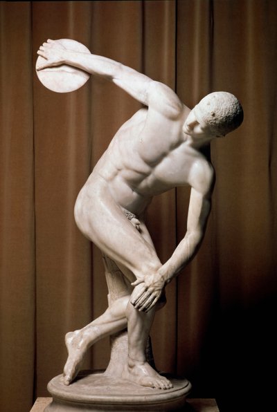 Dyskobol. Rzymski sportowiec próbujący rzucić rekord. Rzymska kopia oryginalnego brązu Myrona z V wieku p.n.e. Roma, Museo Nazionale Romano Rzym autorstwa (after) Myron