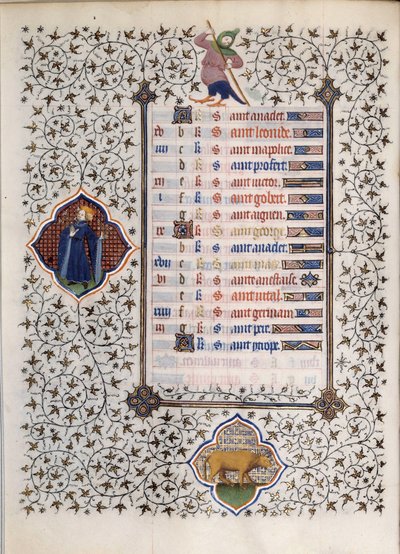 Strona rękopisu „Les Tres Riches Hours du Duke Francois de Guise”” opisana przez Mistrza Boucicaut: przedstawienie znaków zodiaku i sceny z życia codziennego: byka. XV wiek. Muzeum Conde, Chantilly autorstwa (and workshop) Boucicaut Master