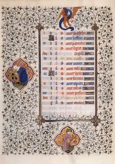Strona rękopisu „Les Tres Riches Hours du Duke Francois de Guise”” opatrzona przez Mistrza Boucicaut: przedstawienie znaków zodiaku i pracy rolniczej: równowaga i żniwa. XV wiek. Muzeum Conde, Chantilly autorstwa (and workshop) Boucicaut Master