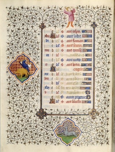 Strona rękopisu „Les Tres Riches Hours du Duke Francois de Guise”” opisana przez Mistrza Boucicaut: przedstawienie znaków zodiaku i scen z życia codziennego: koziorożca i polowanie na dzika. XV wiek. Muzeum Conde, Kalifornia autorstwa (and workshop) Boucicaut Master