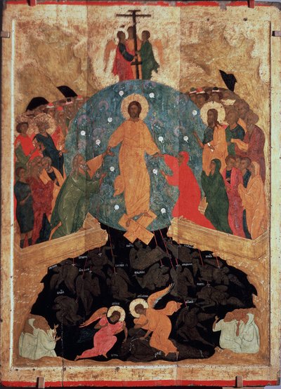 Zejście do piekła. Epizod Zmartwychwstania, zaraz po śmierci Chrystus zstąpił do bram królestwa umarłych (otchłani), gdzie dusze wegetują w oczekiwaniu na wizję uszczęśliwiającą, aby uwolnić dusze Ju autorstwa (c.1440 1502) Dionisius the Wise