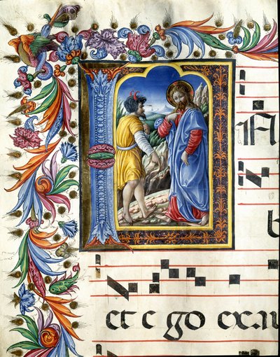 Decoree lettrine przedstawiający kuszenie Chrystusa Miniatura autorstwa Liberale da Verona (1445-1529) z chóru (kod 20/5. c.45v) z katedry w Sienie. XV-wieczna katedra (Duomo) w Sienie, Włochy autorstwa (c.1445 1527) Liberale da Verona